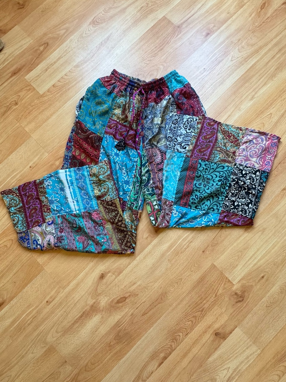 Women’s 100% Silk Multicolor Patchwork Wide Pants